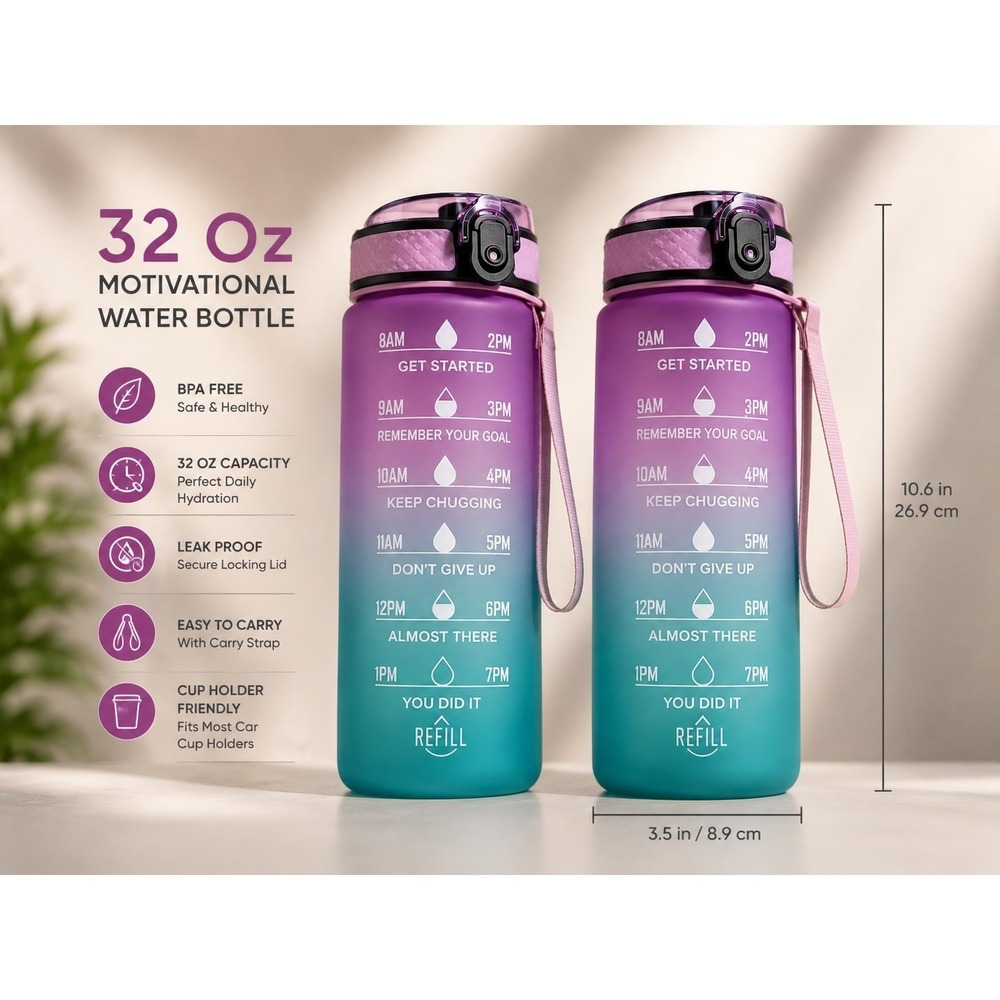 32 Oz Motivational Water Bottle Purple Teal Gradient Leak Proof, New. Set Of 2.